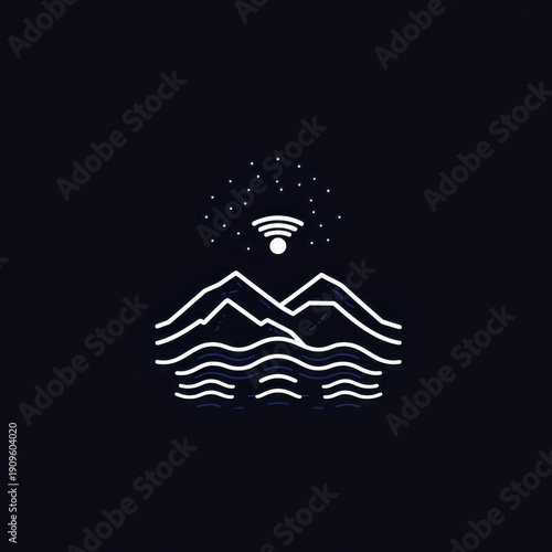 White outlined mountains and moon against a black background.