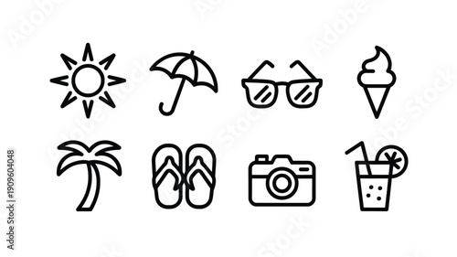 Summer vacation icons depicting sunshine beach items and refreshing treats