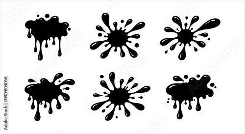 Abstract Black Ink Splatters and Drips Dynamic Liquid Stain Vector Set