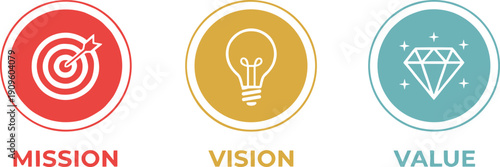 Mission vision and value concept icons with target lightbulb diamond vector illustration for business branding