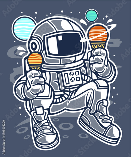 Astronaut eating freeze-dried ice cream in space, retro illustration