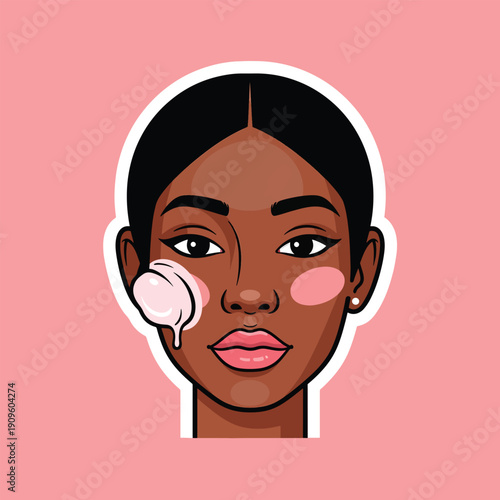 A woman applying powder to her face with a puff, depicted in a graphic illustration, viewed from the front