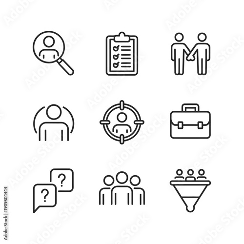 Line art icons depicting recruitment human resources and team management concepts