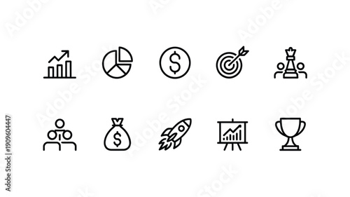 Collection of minimalist business and finance related line icons in black and white