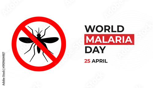 World Malaria Day Banner with Mosquito Silhouette and Red Prohibit Sign on White Background