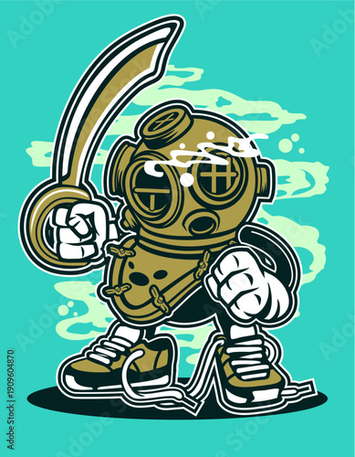 Scuba diver exploring underwater world, ocean life illustration