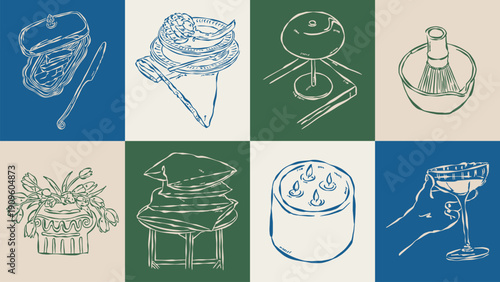 Dolce Vita sketch style vector illustration collection. Home decor, food, and beverage doodles. Art for postcards, print posters, packaging design.