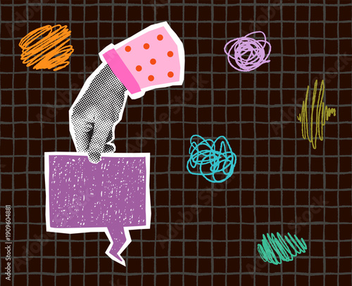 Half tone hand and speech bubble box, vector collage background for banners and poster