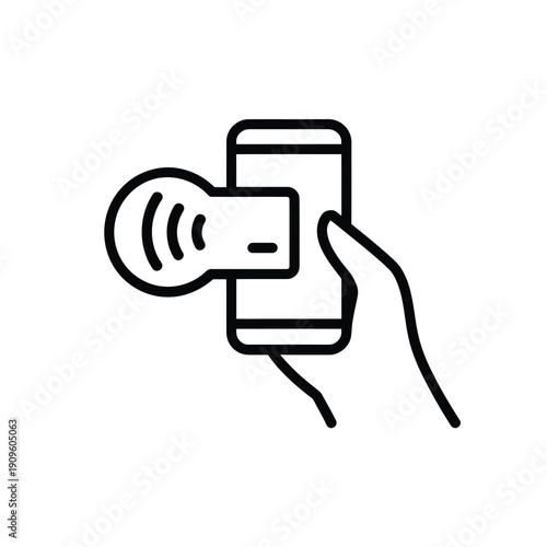 Line art illustration of a hand holding a phone with contactless payment