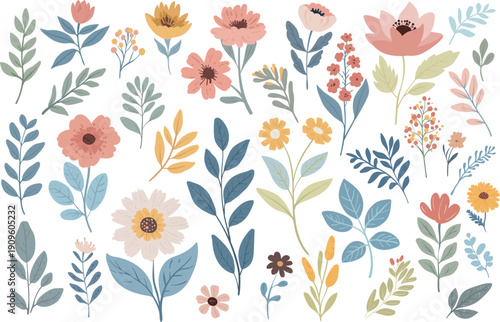 Decorative vector collection of hand-drawn pastel flowers, leaves, and botanical branches arranged as individual elements on a white background. Nordic color palette and simplified folk shapes