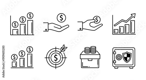 Financial growth and money investment line icons set