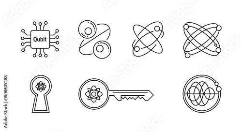 Quantum computing and advanced cryptography line icons set