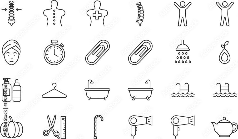Obraz premium Personal care and household line icon set with hygiene bathroom tools vector illustration collection