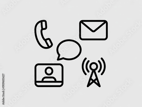 Black Outline Communication Icons Set: Phone, Email, Chat, Video Call, Signal Tower
