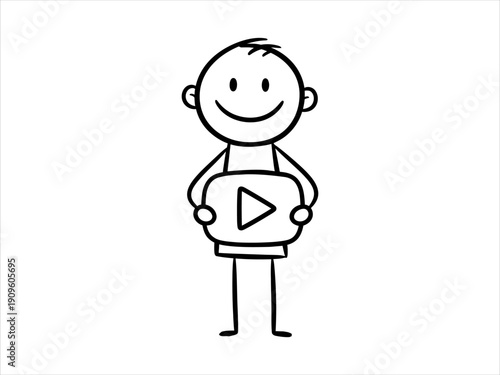 Stick Figure Man Holding a Play Button Icon Illustration