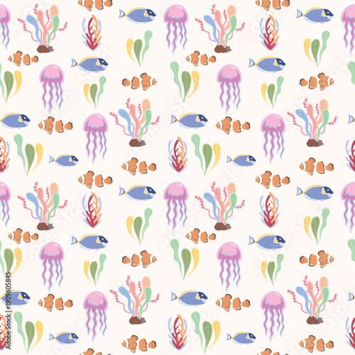 Colorful coral reef PNG with fish, jellyfish, and sea animals. Cute underwater illustration for kids, education, ocean themes, posters, stickers, and digital designs.