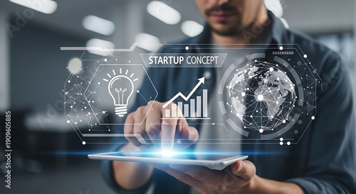 Man Interacting with Digital Startup Concept Interface.