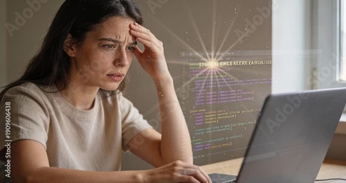 Woman working on laptop with serious expression indoor