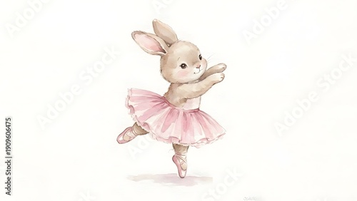 Watercolor illust n of an adorable bunny rabbit dressed as a ballerina performing a graceful dance pose