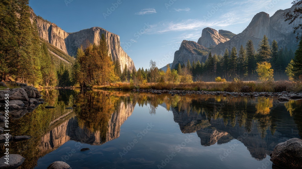 Fototapeta premium Majestic Yosemite Valley landscape with Half Dome and El Capitan bathed in golden hour light