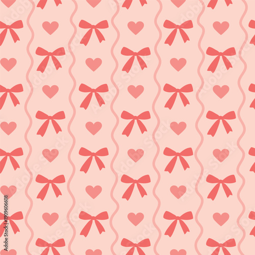 Seamless pattern of hand drawn bows and hearts on pink background. Template for greeting card, invitation, poster, banner, wrapping paper.