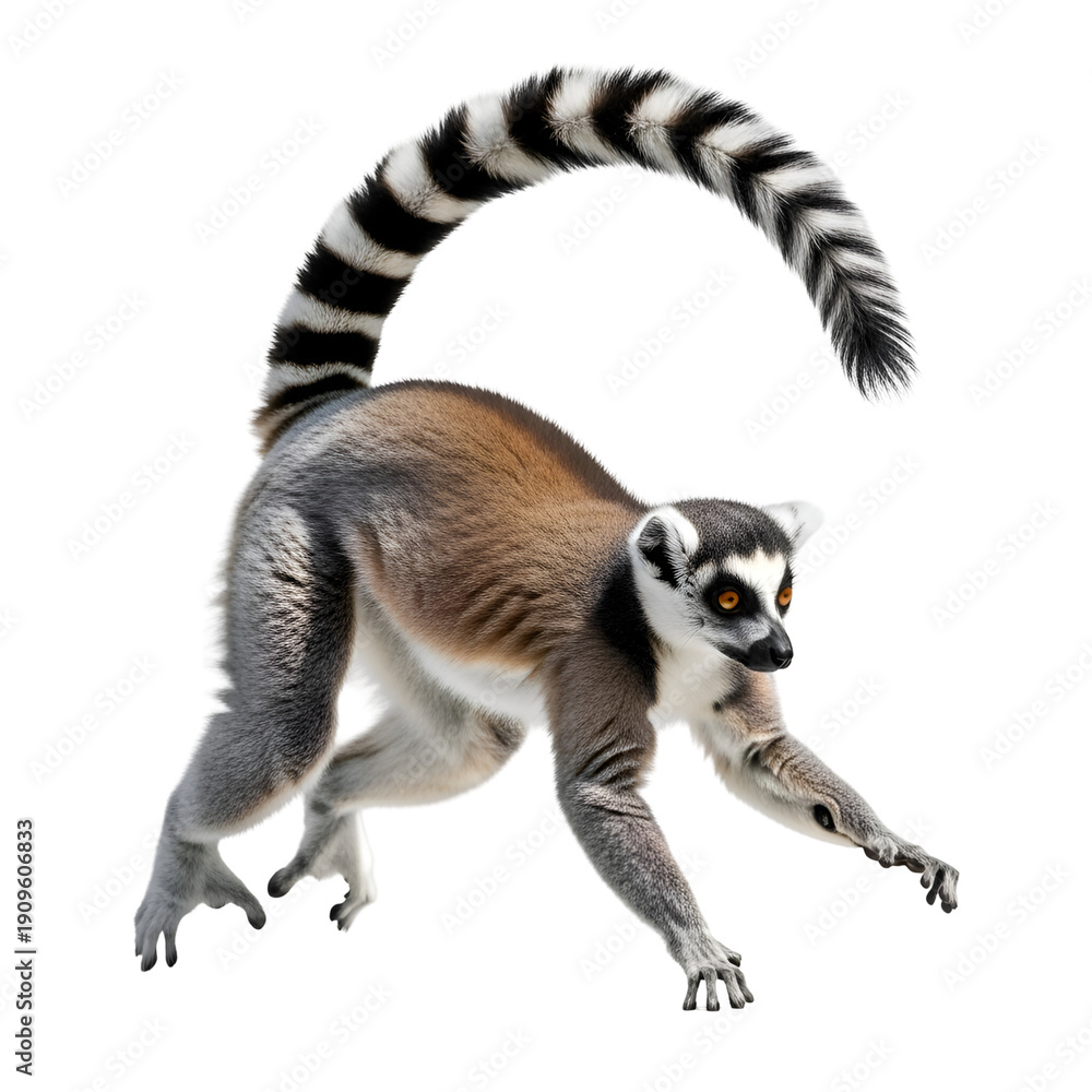 Fototapeta premium Ring-tailed Lemur Isolated on White Background , Isolated on Transparent Background 