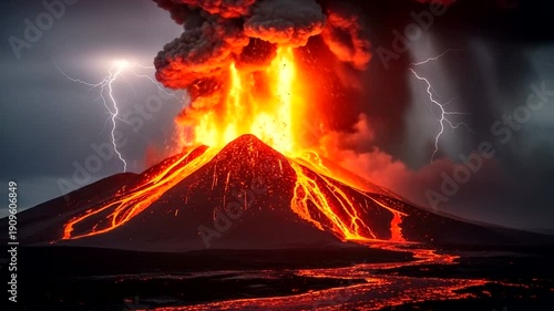 Volcanic Eruption with Lava and Lightning Storm.