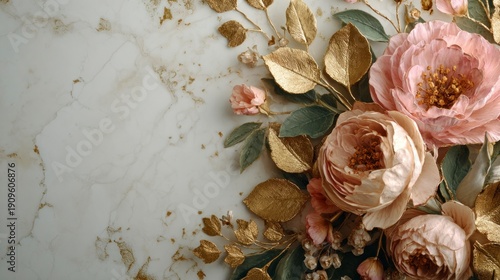 Gold and blush pink floral frame with roses and metallic leaves on a textured marble surface.