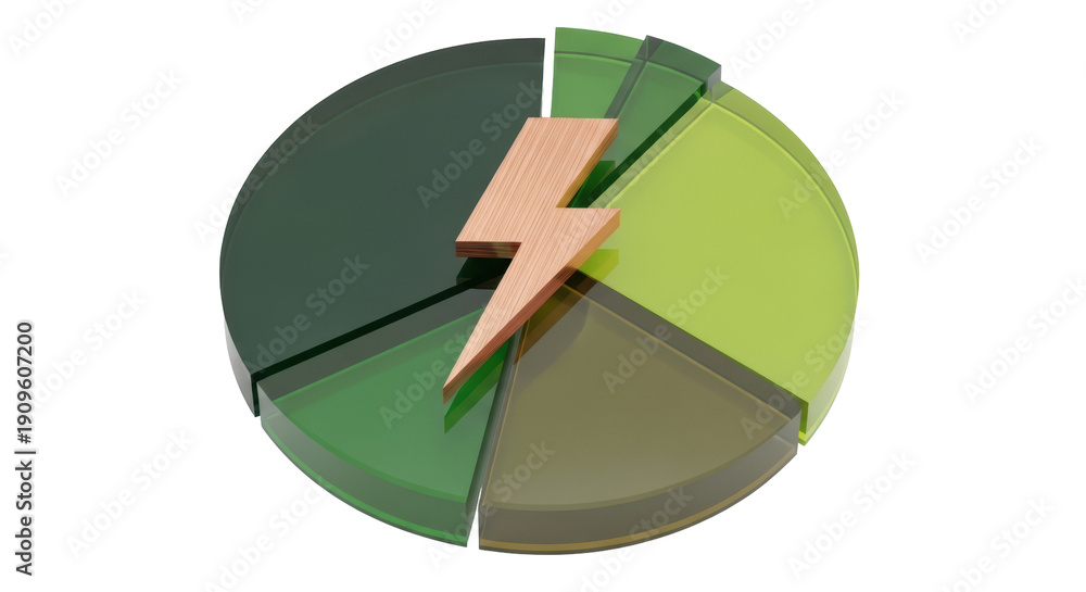 Obraz premium Green and brown pie chart with lightning bolt isolated PNG, business data visualization for energy sector and financial analysis