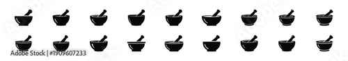 Collection of black   kitchen spice mortar silhouette isolated on white background. cooking vector illustration icons.