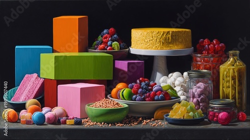 geometrically. Brightly colored geometrically perfect food items against a dark background, questioning their nature. menu design.