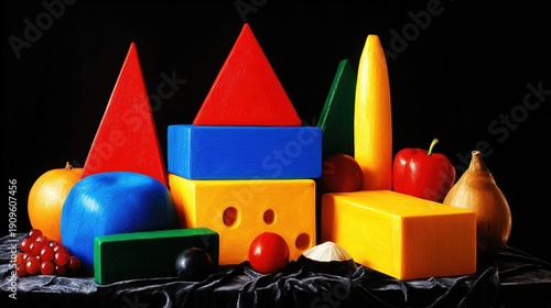 geometrically. Brightly colored geometrically perfect food items against a dark background, questioning their nature. menu design.