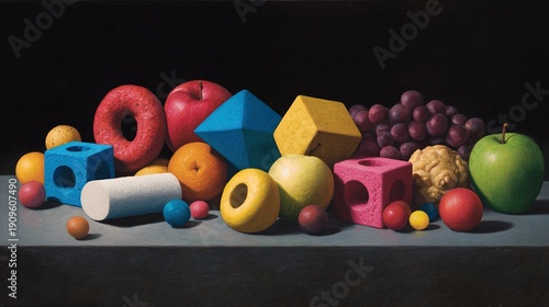 geometrically. Brightly colored geometrically perfect food items against a dark background, questioning their nature. menu design.