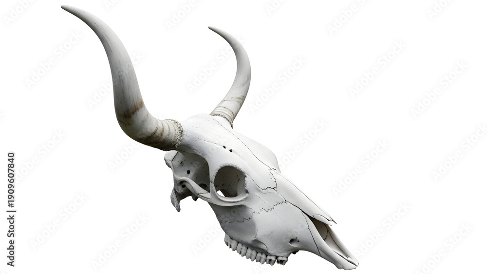 Fototapeta premium White animal skull with long horns, bovine bone structure, isolated on white, Generative Ai