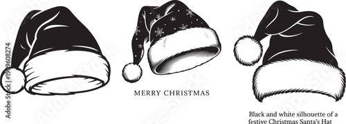 Three Black and White Santa Christmas Hats with Snowflakes