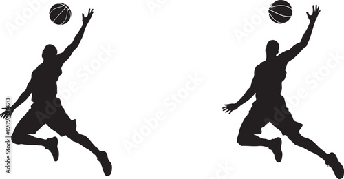 Two Silhouette Basketball Players Jumping for Ball