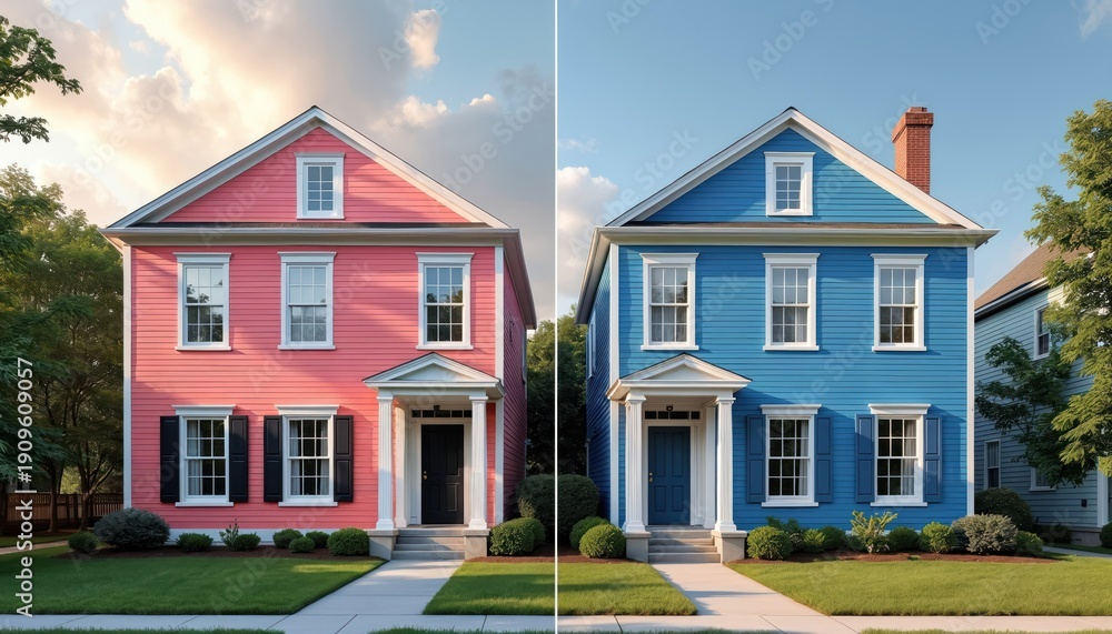 Obraz premium Side by side split view of two suburban houses. One house features pink exterior paint, the other blue. Both have white trim, green lawns, and clear blue sky.