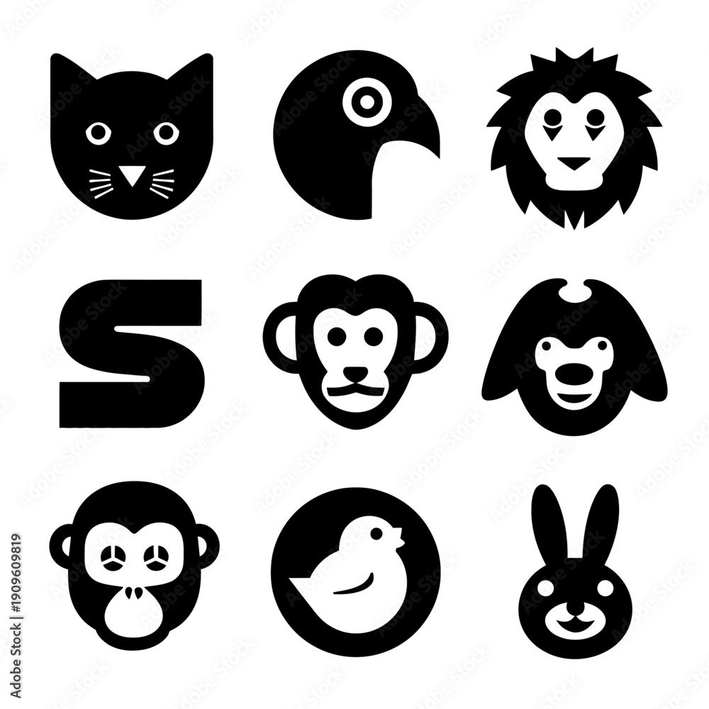 Fototapeta premium Collection of Black Vector Animal Icons and Avatars Including Cat, Monkey, Bird, Lion, and Rabbit. Simple Graphic Silhouettes.