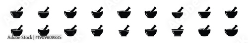 Collection of black   mortar and pestle silhouette isolated on white background. cooking vector illustration icons.