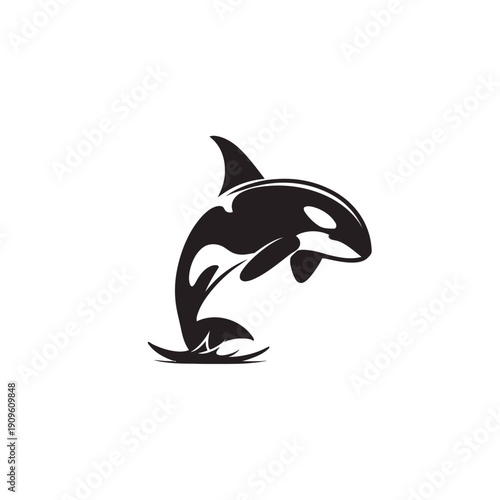 Dynamic Black and White Orca Jumping Illustration. Powerful Killer Whale Silhouette Vector Graphic Design Element.