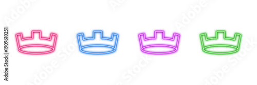 Neon glowing crown vector icons set, royalty, king, queen, success, victory, premium, vibrant colorful digital design illustration on transparent background.
