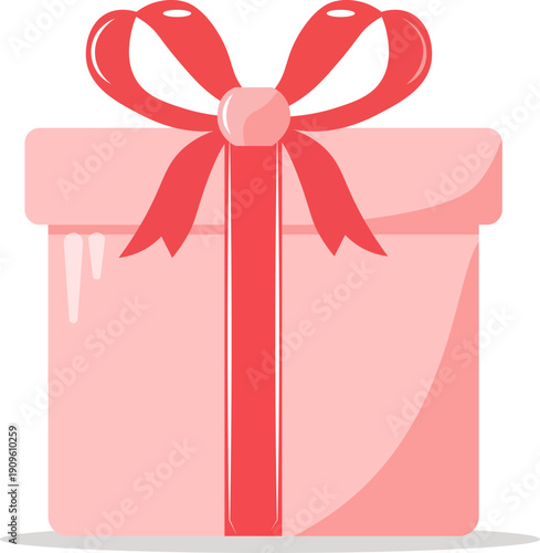 A pink gift box with a red ribbon tied in a bow on top, sitting on a white background, conveying a festive and celebratory mood.