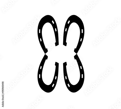 Four black horseshoes arranged in a symmetrical clover shape against a plain white background high quality