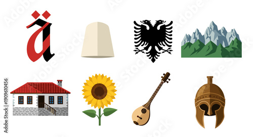 Albania culture icon set with gothic letter, flag, mountains, house, sunflower and helmet