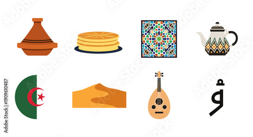 Collection of Algerian cultural icons including food, music, symbols, and landmarks