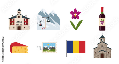 Collection of Andorra cultural symbols and landmarks, including cheese and wine