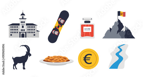 Collection of icons representing Andorra's culture, economy, and nature