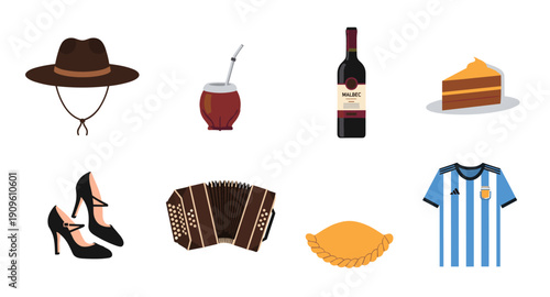 Iconic Argentinian symbols including mate, wine, empanada, and football jersey