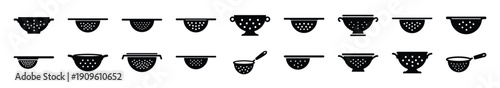 Collection of black   pasta strainer silhouette isolated on white background. cooking vector illustration icons.
