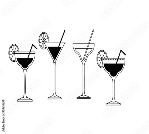 A minimalist illustration depicting four different cocktail glasses with citrus garnishes high quality professional detailed modern